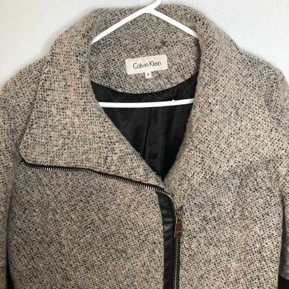 CALVIN KLEIN Faux Leather Trim Boucle Coat Medium - Picture 3 of 11